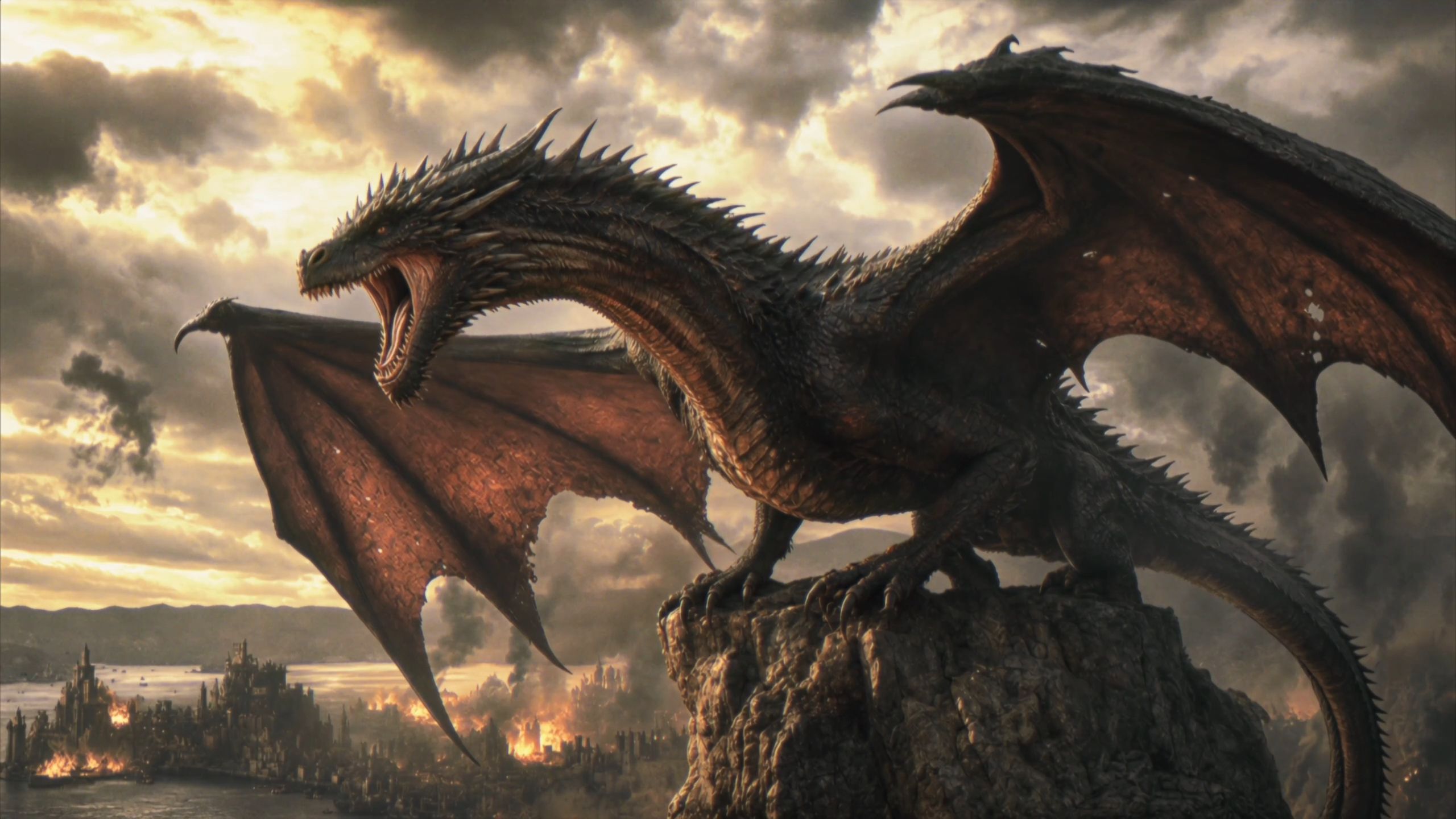 Kling 4.0 video example: Dragon above a burning city